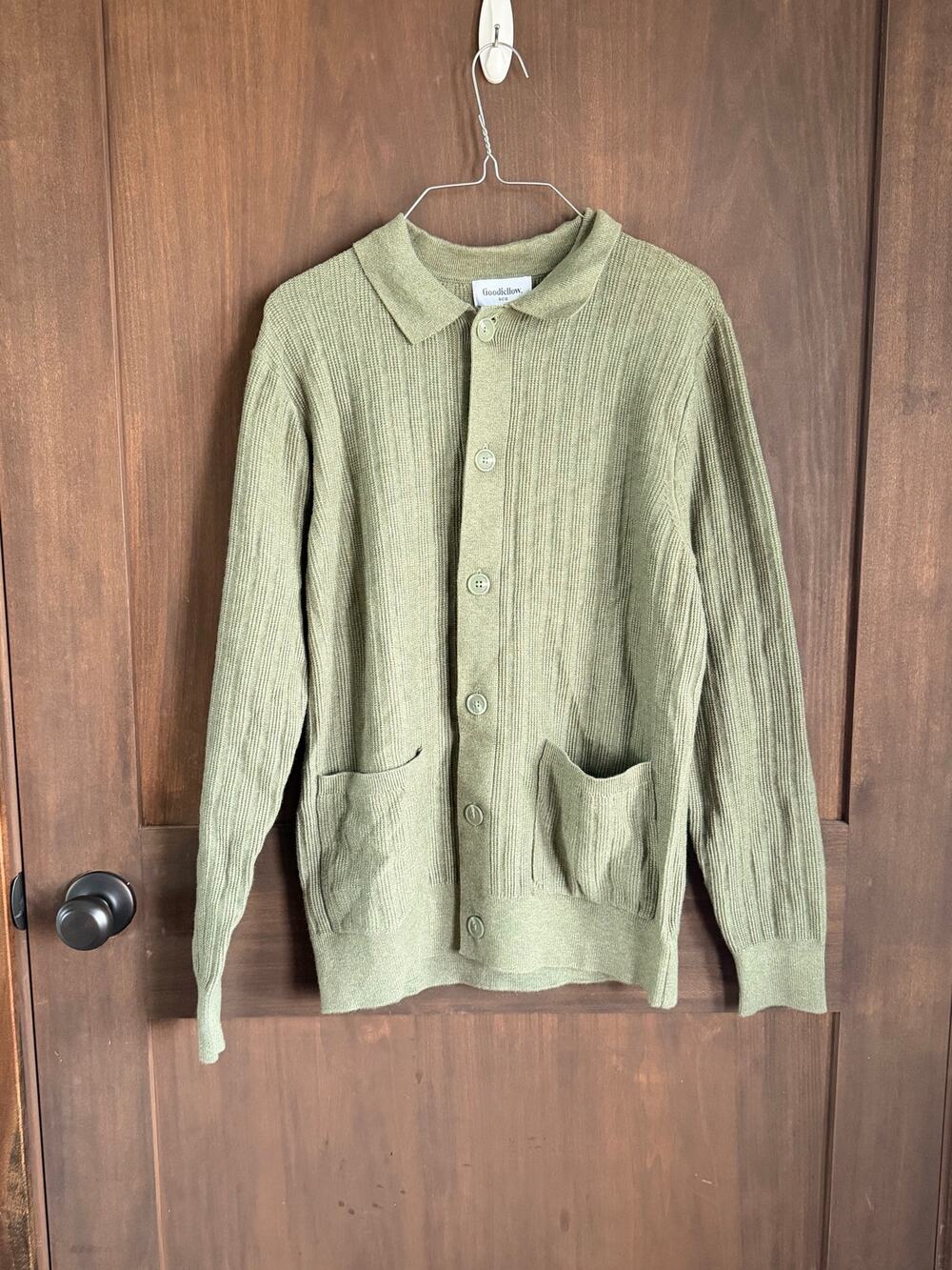 Goodfellow & CO Men's Collared Cardigan Sweater Green Ribbed Knit Small